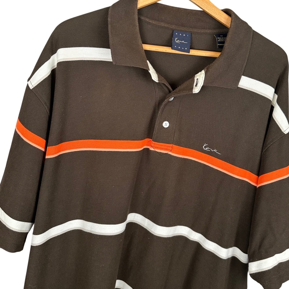 Karl Kani Gold Mens 3X Polo Shirt Brown Orange White Striped Short Sleeve Pique